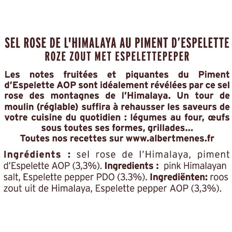 Töpfchen Informationsblatt Rosa Salz mit Piment d'Espelette als Mühle Albert Ménès