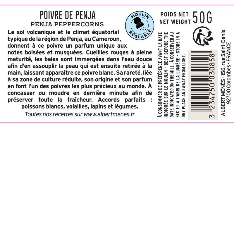 Jar of Penja Peppercorns - Pepper Mill information sheet  Albert Ménès