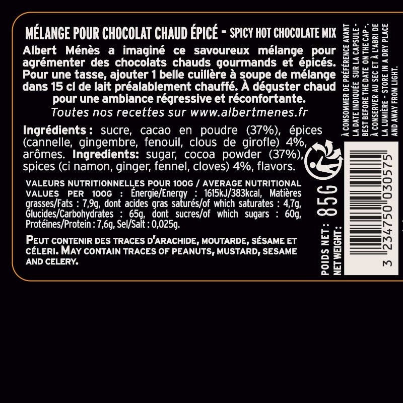 fiche informative sur le pot de Mélange pour Chocolat Chaud Épicé Albert Ménès