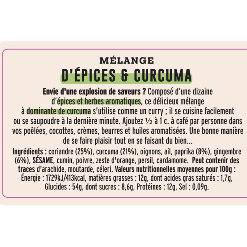 Jar of Turmeric Delight Mix information sheet  Albert Ménès