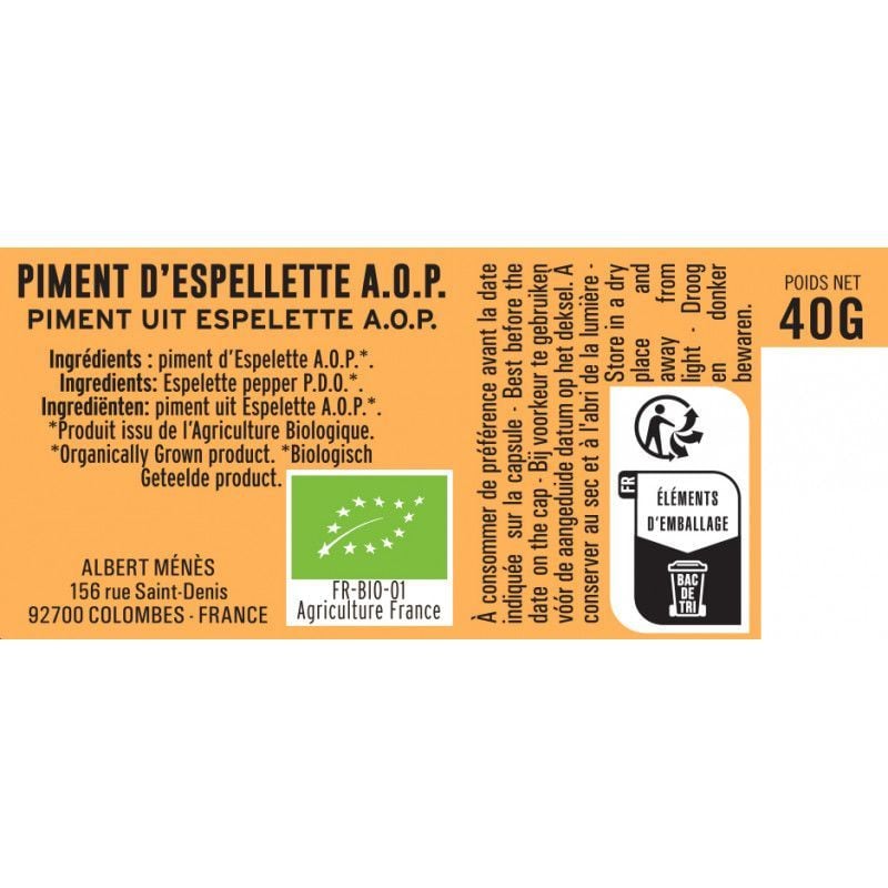 Jar of Organic Espelette Pepper P.D.O. information sheet  Albert Ménès