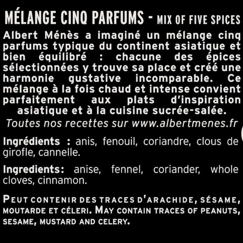 fiche informative sur le pot de Mélange Cinq Parfums Albert Ménès