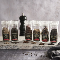 stimmungsvolles Foto vom Topf Schwarzer Kampot Pfeffer g.g.A. Mühle Albert Ménès