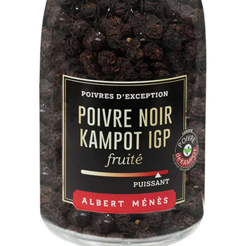 Zoom on the pot of PGI Black Kampot Peppercorns - Pepper Mill Albert Ménès