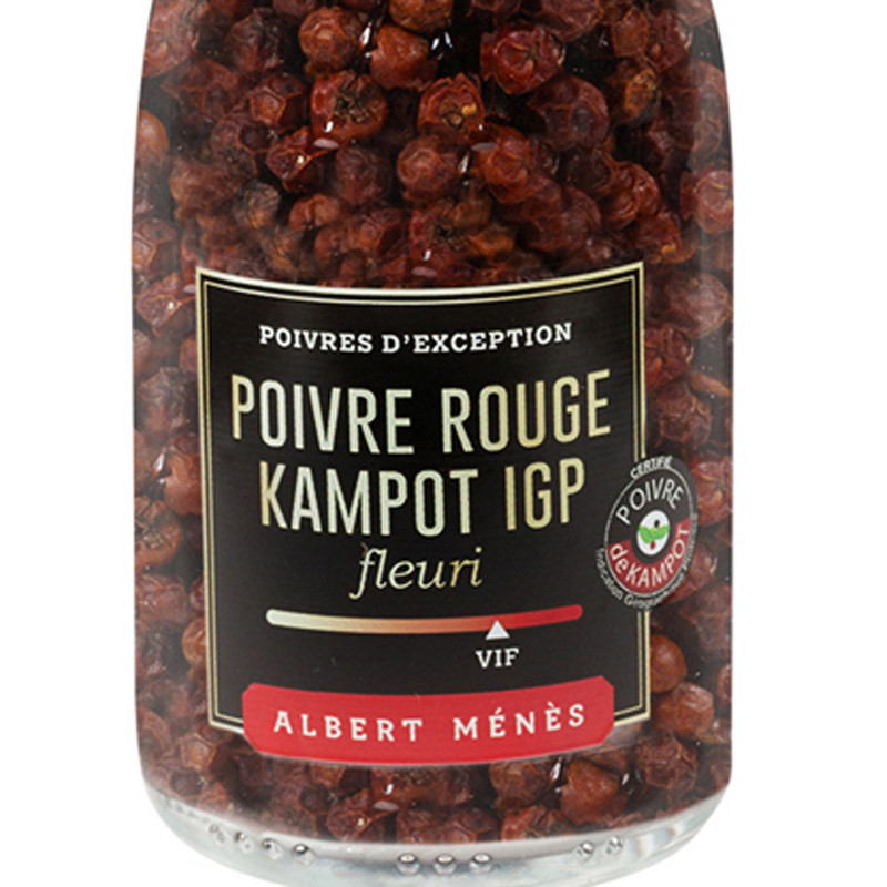 Zoom on the pot of PGI Red Kampot Peppercorns - Pepper Mill Albert Ménès