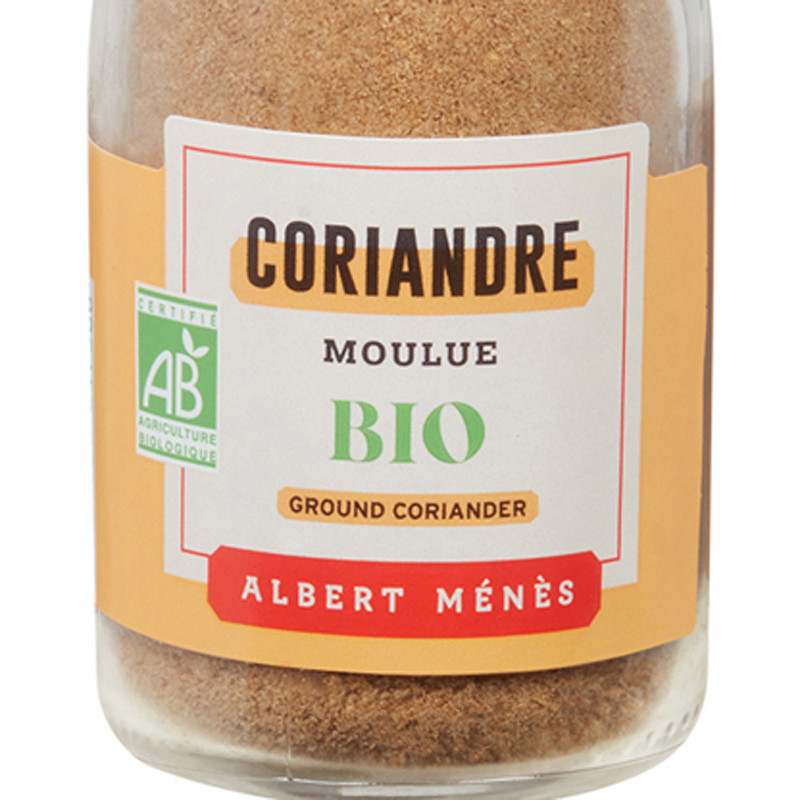 Zoom on the pot of Organic Ground Coriander Albert Ménès
