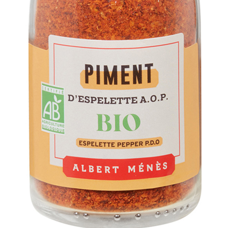 Zoom on the pot of Organic Espelette Pepper P.D.O. Albert Ménès