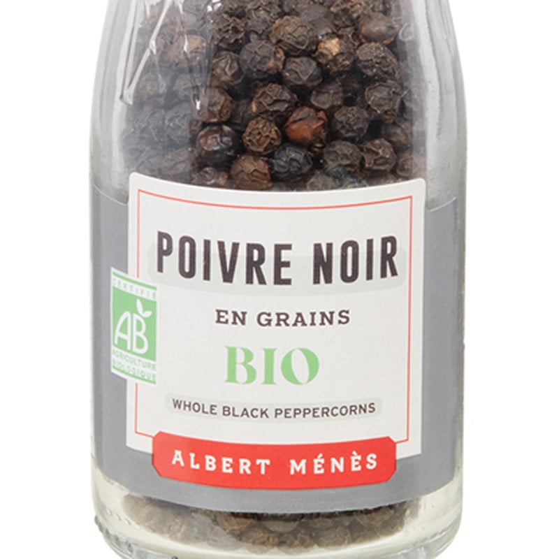 Zoom on the pot of Organic Whole Black Peppercorns Pepper Mill Albert Ménès