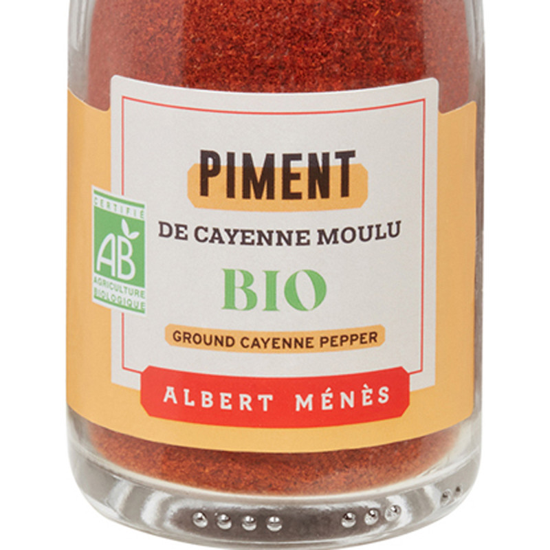 Zoom on the pot of Organic Ground Cayenne Pepper Albert Ménès