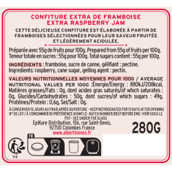 Détail du pot et de l'étiquette élégante de la Confiture Extra de Framboise Albert Ménès