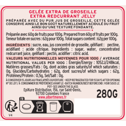 Détail de la Gelée Extra de Groseille Albert Ménès, mettant en valeur sa couleur rubis et les fruits rouges de qualité.