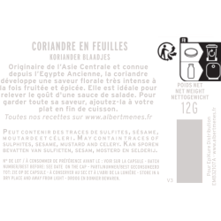 fiche informative sur le pot de Coriandre en Feuilles Albert Ménès