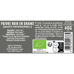 fiche informative sur le pot de Poivre Noir en grains BIO en Moulin Albert Ménès