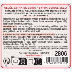 Détail de l'étiquette et de la texture de la Gelée Extra de Coing, recette exclusive au goût acidulé Albert Ménès.