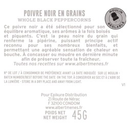 Fiche produit du Poivre Noir en Grains Albert Ménès, informations sur son origine et sa force