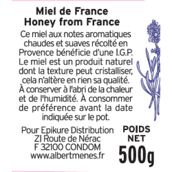 Miel de Lavande de Provence I.G.P 500g Albert Ménès, pot en verre avec étiquette, produit d'exception.