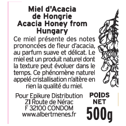 Pot et étiquette du Miel d'Acacia Albert Ménès 500g, miel onctueux au grand pouvoir sucrant