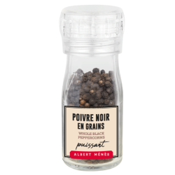 Moulin de poivre noir en grains Albert Ménès, grains entiers et sombres prêts à être moulus pour relever vos plats.