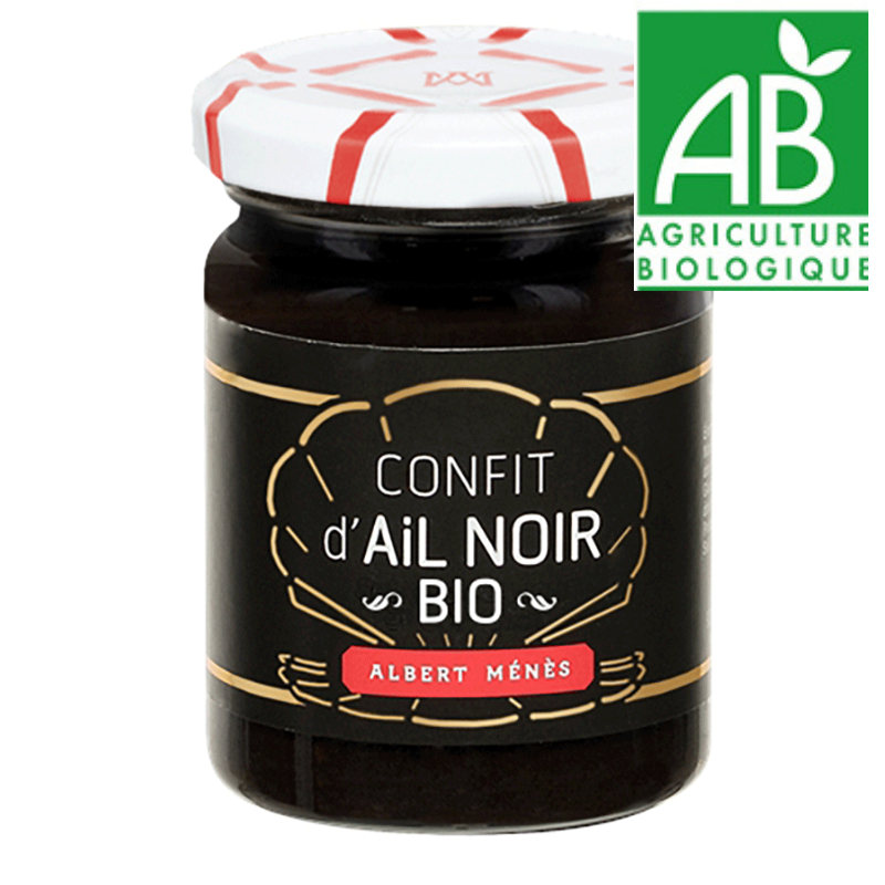Pot de Confit d'Ail Noir BIO Albert Ménès, condiment onctueux et brillant, idéal pour rehausser vos plats