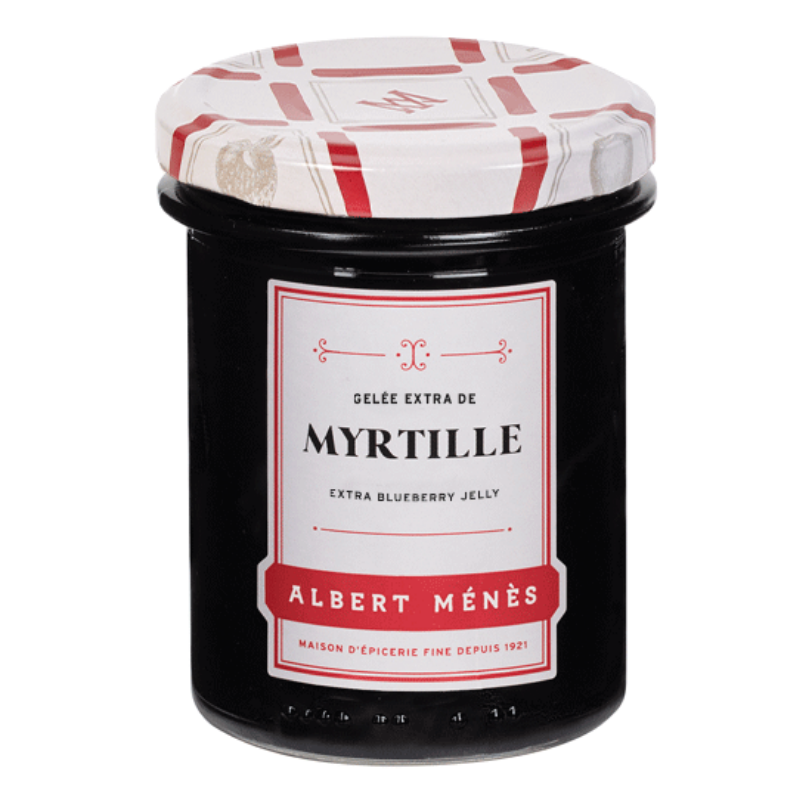 Pot de Gelée Extra de Myrtille Albert Ménès, une confiserie fruitée à la texture onctueuse et à la belle couleur violette