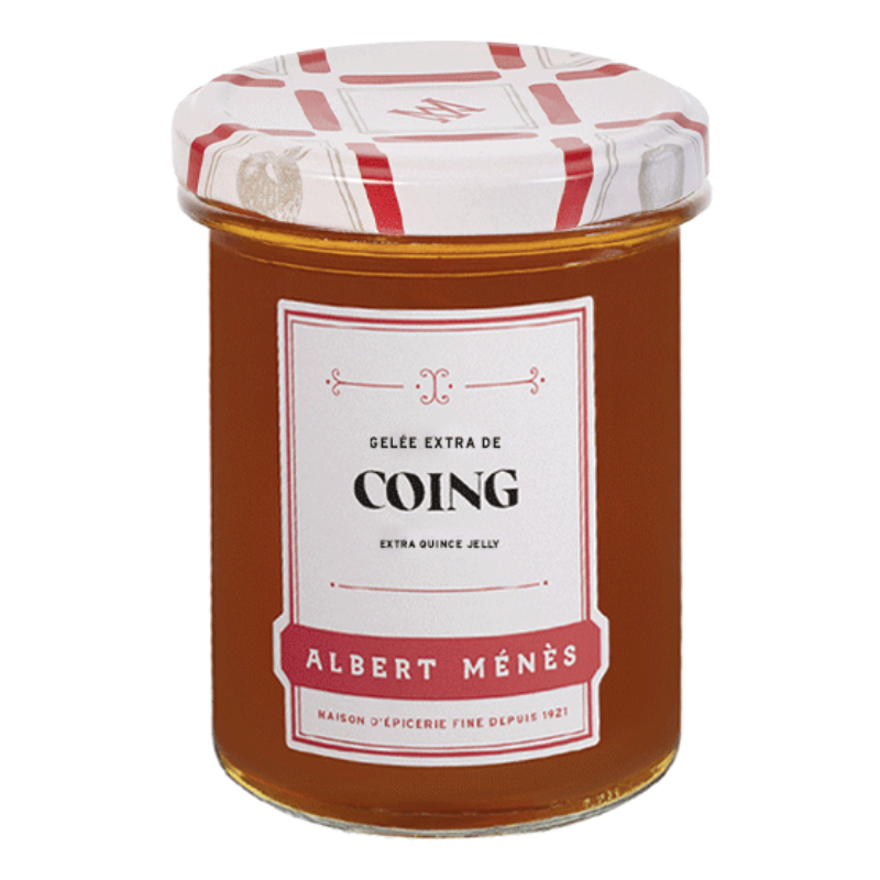 Pot de Gelée Extra de Coing Albert Ménès, texture fondante et couleur ambrée, parfaite pour un plateau de fromages