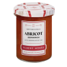 Pot de confiture extra d'abricot Bergeron Albert Ménès, étiquette élégante sur fond de fruit doré