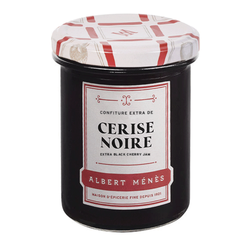 Pot de Confiture Extra de Cerise Noire Albert Ménès, garni de fruits entiers brillants et appétissants