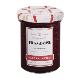 Pot de Confiture Extra de Framboise Albert Ménès, gourmande et onctueuse, à la belle couleur rouge foncé