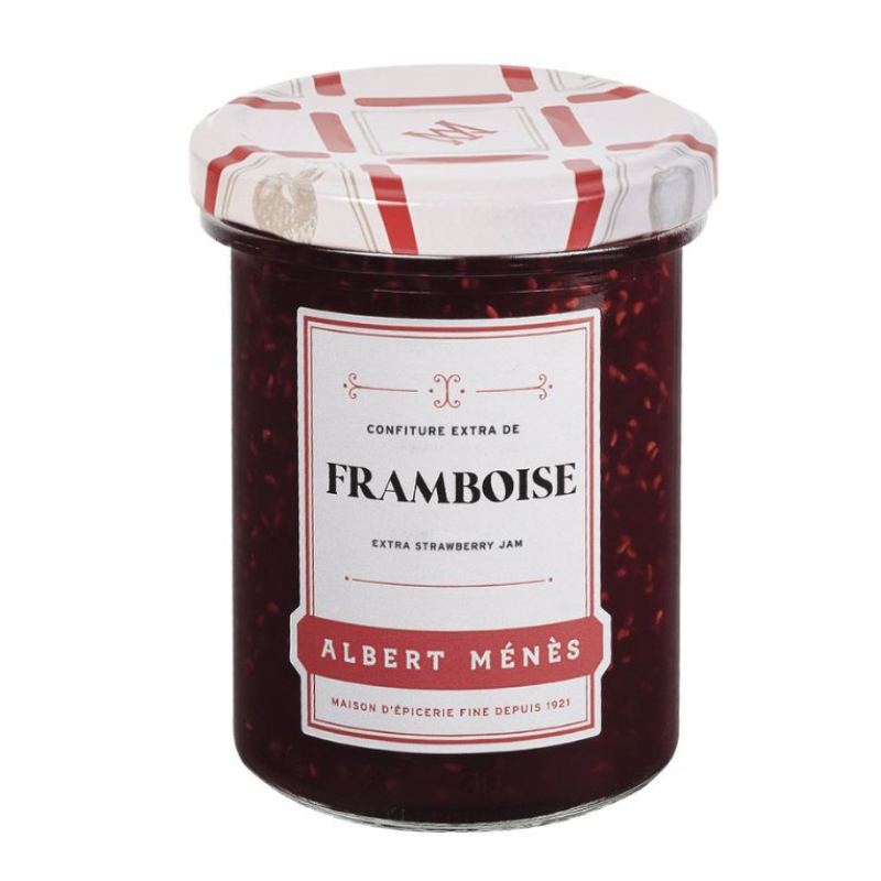 Pot de Confiture Extra de Framboise Albert Ménès, gourmande et onctueuse, à la belle couleur rouge foncé
