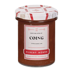Pot de Confiture Extra de Coing en Morceaux Albert Ménès, avec des morceaux de fruits visibles et une étiquette élégante