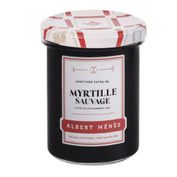 Pot de Confiture Extra de Myrtille Albert Ménès, gourmande et intense, avec ses myrtilles entières visibles