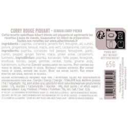 Fiche informative et étiquette du pot de curry rouge piquant Albert Ménès, composition et conseils