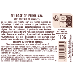 Fiche informative du pot de Sel Rose de l'Himalaya Albert Ménès, conseils d'utilisation et origine