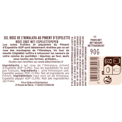 Fiche informative sur le sel rose au piment d'Espelette en moulin, marque Albert Ménès