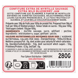 Étiquette détaillée du pot de confiture de myrtille Albert Ménès, garantie de qualité et d'authenticité
