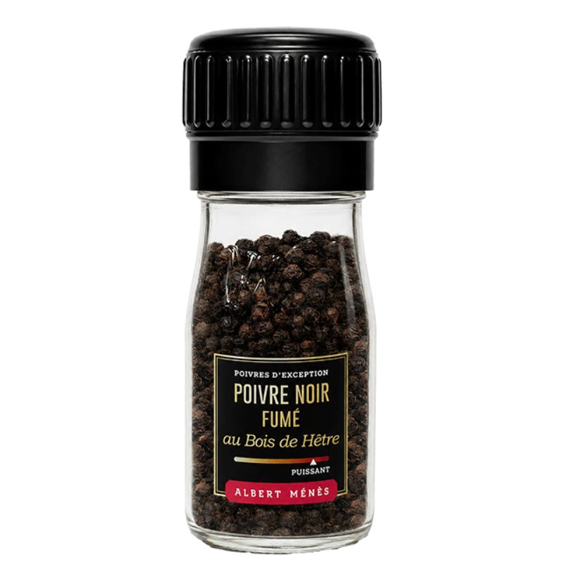 Moulin de Poivre Noir Fumé Albert Ménès, poivres entiers de Sarawak dans un pot transparent