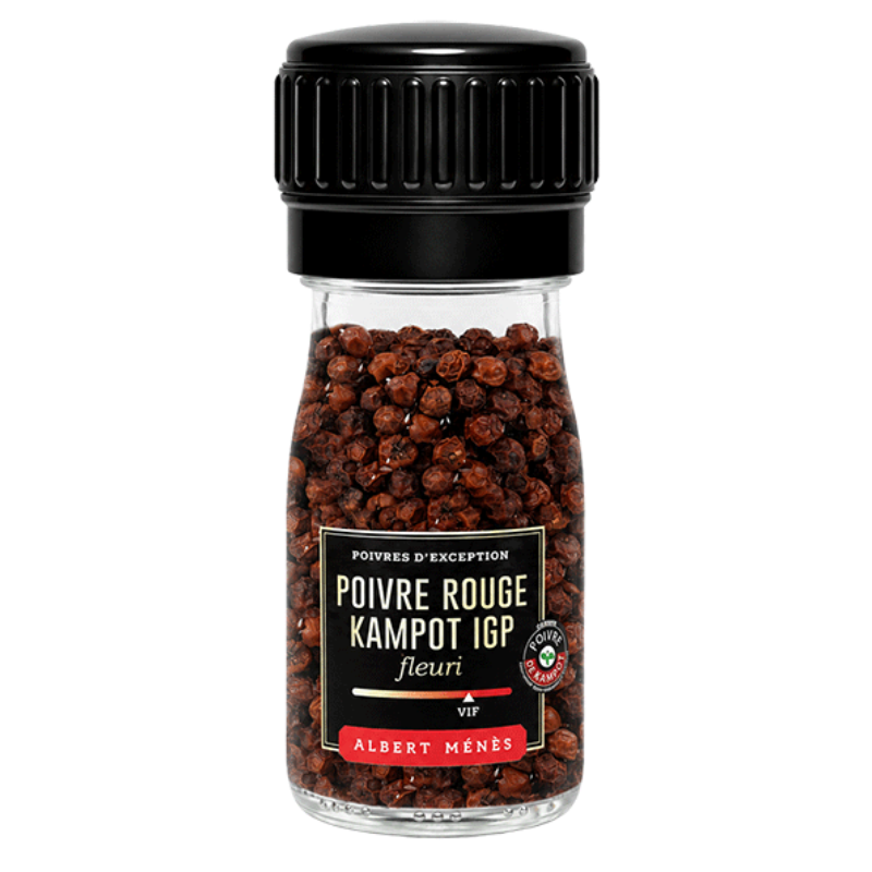 Pot de Poivre de Kampot Rouge I.G.P. en moulin Albert Ménès, poivres rouges entiers, épice d'exception